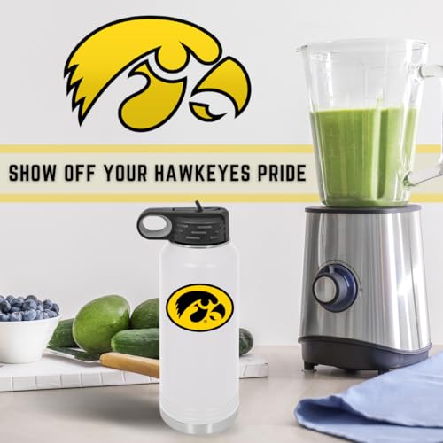 Game Day Outfitters University of Iowa 32oz Stainless Steel Double Walled White Beverage Bottle with Flip Straw Spout - College Gear for Playoff Season – Show your Hawkeye Pride - style: Iowa / White
