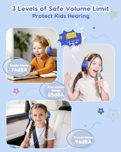 awatrue Kids Headphones, 74/85/94dB Volume Limiter, Foldable Wired Over Ear Headphones for Travel, 3.5mm Jack, Toddler Headphones for School, Chromebook, iPad, Tablet, Blue Yellow - color: Blue Yellow
