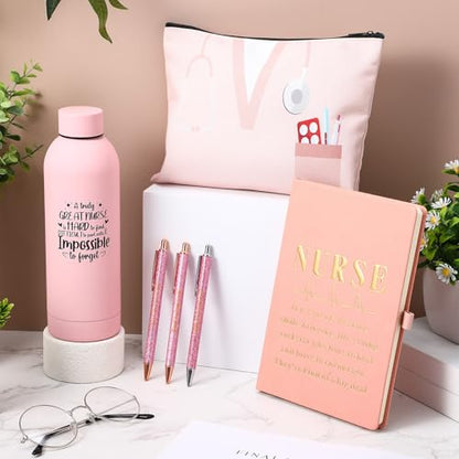6 Pcs Nurse Gifts Set for Women Men, Rn Appreciation Thank You Gift for Nurses Week Graduation Birthday, 16oz Vacuum Insulated Water Bottle, Makeup Bag, Notebook, Ballpoint Pens(Pink) - color: Pink