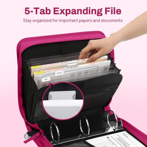 SUNEE Zipper Binder 3 Ring, 3 Inch O-Ring with Handle and Shoulder Strap, 600-Sheet Capacity, 5-Tab Expanding File Folder, Multi-Pockets for Middle School Organizer Binder with Zipper, Berry Pink - color: Berry Pink
