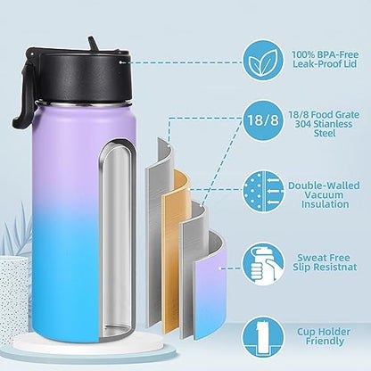 Volhoply Kids Insulated Water Bottle with Straw,16oz Stainless Steel Cold Water Bottles for School,BPA-Free Metal Wide Mouth Cups with Handle,Reusable Double Wall Vacuum Sport Flask(Lavender Blue,1) - color: Lavender Blue