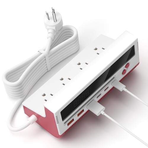 10-in-1 USB Charging Station, 4 Outlets Power Strip with 6 USB, 5 FT Long Extension Cord, 45° Flat Plug, 20W Fast Mulit Charging Station for Home Office Travel Plug Extension Outlet (Red) - color: Red