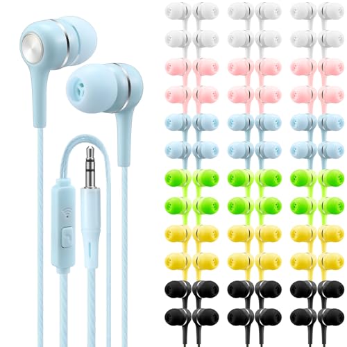 36 Pack Wired Earbuds Bulk School Earbuds with Microphone for Students, 3.5mm Classroom Headphones Compatible with Laptop PC, 6 Mix Colors Earphones for Online Testing, Libraries, Museums