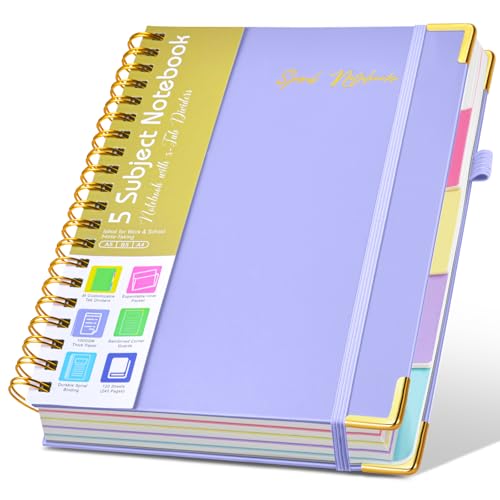Hardcover Spiral Notebooks for Work, 5 Subject Notebook College Ruled with Dividers Tabs, Lined Organizer Notebook Journal for women, 8"x10" Large B5 Notebooks for School Note taking, 240 Pages Purple - color: Paper-purple, size: B5（8" x 10"）
