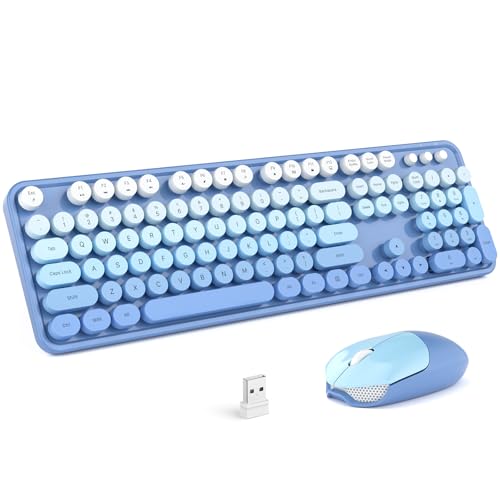 Wireless Keyboards and Mouse Combos, SQMD Colorful Typewriter Keyboard with Round Keycaps, 2.4GHz USB Retro Wireless Keyboard Mouse for PC, Desktop, Laptop and Computer-Blue Gradient - color: Blue Gradient