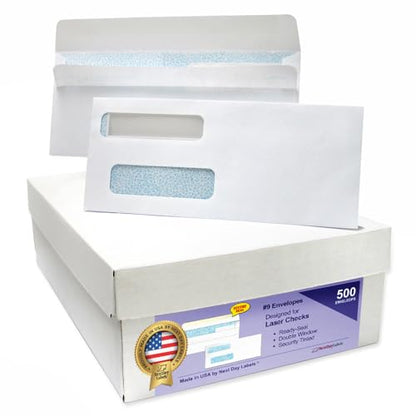NextDayLabels #9 Double Window Check Envelopes - 500 Pack Ready-Seal Security Tinted Envelopes for QuickBooks, Sage 100, Blackbaud Checks - Self-Sealing Laser-Compatible - Made in USA - size: #9 Envelope-500 Pack