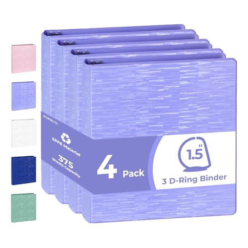 POPRUN D Ring Binder 1.5 Inch, 3 Ring Heavy-Duty PVC-Free (Fit 375 ct. 8-1/2"x11" Paper), 4 Pack with 2 Pockets for School Office Supplies, 4 Pack, Cornflower Purple - color: Cornflower Purple, size: 1.5 inch