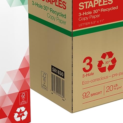 Staples Recycled 8.5 x 11-Inch, 3-Hole Punched Copy Paper 20 lb 92B 500/Ream 10 Ream/Count - size: 5,000 Sheets, style: Recycled