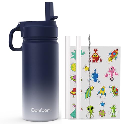Gonfoam 16oz Kids Water Bottle, Stainless Steel Insulated Cup | DIY Stickers, BPA-free, Leak-proof, Sturdy, Keeps Cold 24h, Easy to Carry, Easy to Clean, Back to School, Gifts - color: Blue and Gray