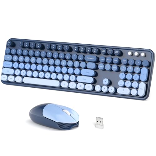 Dilter Wireless Keyboard Mouse Combo, Retro Typewriter Full-Size Keyboard with Round Keycaps, 2 in 1 USB Connected Mouse for Windows PC, Laptop, Computer, Desktop, Home and Office Use - color: Twilight Blue