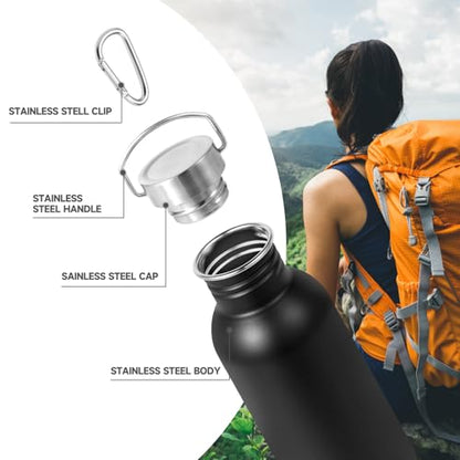 Volhoply 20oz Uninsulated Single Walled Water Bottle, Stainless Steel Reusable Water Bottles with Handle & Carabiner, BPA Free 18/8 304 Sports Water Bottles for Camping Hiking（Black,1） - color: Black