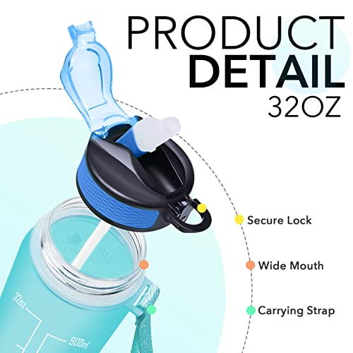 Hyeta Water Bottle with Straw & Time Marker, Plastic 32oz Leakproof | Motivational Tritan BPA Free Gym Office Outdoor Intake Tracker Hourly Reminder Straw Lid Carry Strap - color: Green-Blue