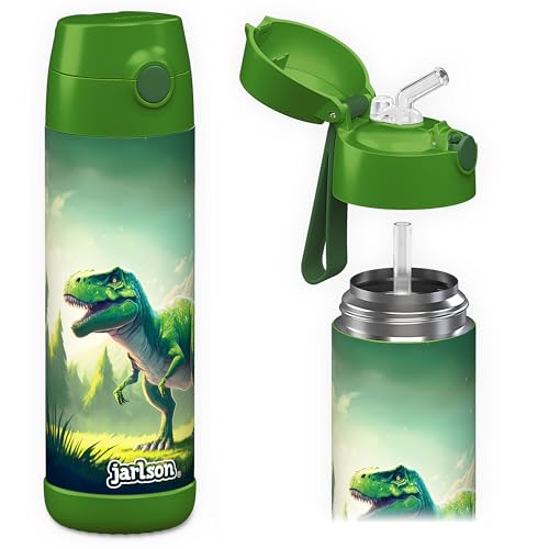 Jarlson® Kids Water Bottle CHARLI [18OZ] - Stainless Steel Thermo Bottle with Straw - Insulated, Spill Proof Waterbottle for School & Sports - Thermo Tumbler for Boys & Girls (Dinsaur) - color: Dinsaur Green, size: 18 Ounces