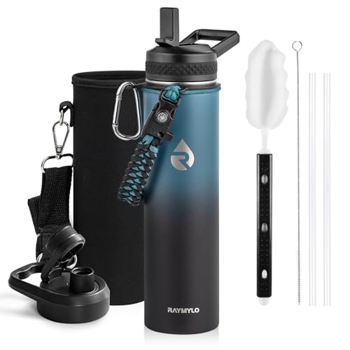 RAYMYLO Insulated Water Bottle 24 oz, Triple Wall Vacuum Stainless Steel (Cold for 24Hrs, Hot for 12Hrs), Leak Proof & Non-BPA, Modern Water Flask Jug with Paracord Handle & Straw Spout Lids - color: Indigo/Black, size: 24 Ounces
