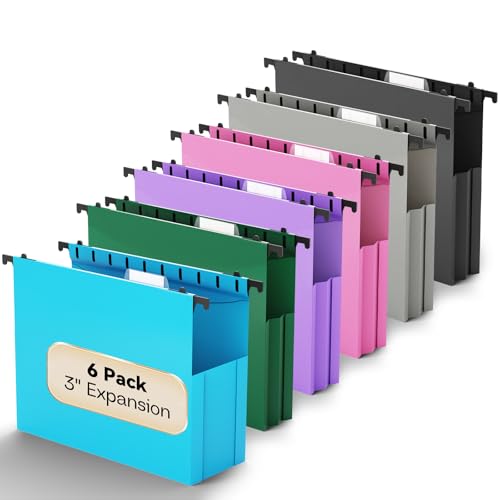 Plastic Expandable Hanging File Folder Letter Size,Heavy Duty 3 Inch Expansion,6 Pack Extra Capacity Hanging Folders,Accordian Pocket,Adjustable Tabs,Hanging Organizer for Bulky Files-Colored - color: 6 Pack-colored, style: 3" Expansion