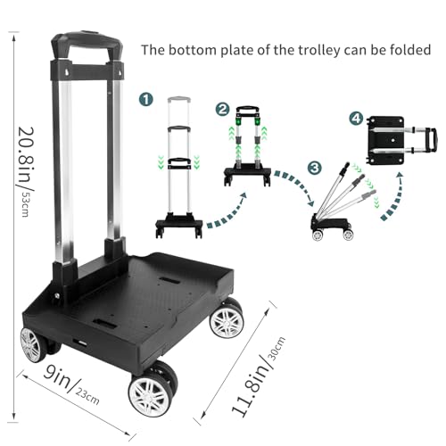 Backpack Trolley Wheeled Cart, Foldable Aluminium Alloy Hand Truck with Edge Guard Base, 4 Spinner Wheels, Luggage Cart with Luggage Strap for Teenagers, Adults, School,Luggage Trolley for Travel - size: 4 Wheels with Edge Guard Base