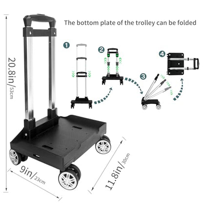 Backpack Trolley Wheeled Cart, Foldable Aluminium Alloy Hand Truck with Edge Guard Base, 4 Spinner Wheels, Luggage Cart with Luggage Strap for Teenagers, Adults, School,Luggage Trolley for Travel - size: 4 Wheels with Edge Guard Base