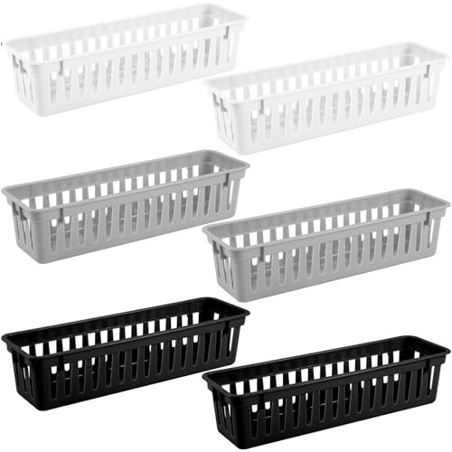 6 Pcs Black,White,Gray Slim Plastic Storage Baskets Tray 10 x 3 x 2.5 Inch Compact Stackable Desk Organizer for Office, Classroom, School Supplies, and Home Storage, Organization(Black,White,Gray) - color: Black,White,Gray