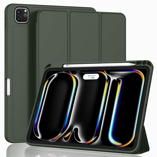 ZryXal iPad Pro 11 Inch Case (M5) 2025/ (M4) 2024 (Model: A2836/A2837/A3006), Trifold Stand Smart Cover with Pencil Holder and Soft TPU Back, Auto Wake/Sleep (Dark Green) - color: Dark Green