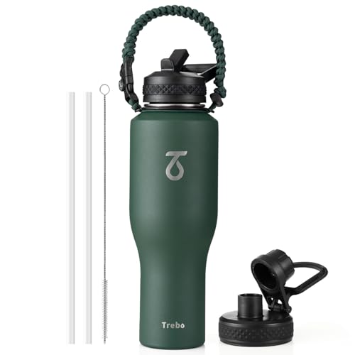 Trebo 40 oz Water Bottle Insulated Fit in Any Car Cup Holder with 2 Lids, | Stainless Steel T-shape Tumbler with Paracord Handle, Triple Wall Vacuum Copper Plated, Cold 48 Hrs for Travel, Wide Mouth - color: Dark Green, size: 40 Ounces