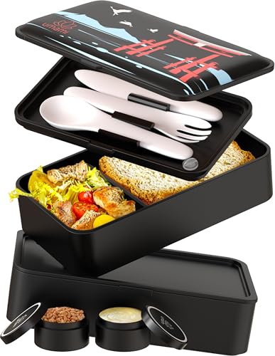 Umami Bento Box Adult, Leakproof, All-in-1 Lunch Containers for Adults | 40 oz, microwave & dishwasher safe, 4 utensils & sauce jar included, stackable, BPA-free, Matte Black - Miyajima - color: Matte Black - LE Miyajima, size: M - 40 oz