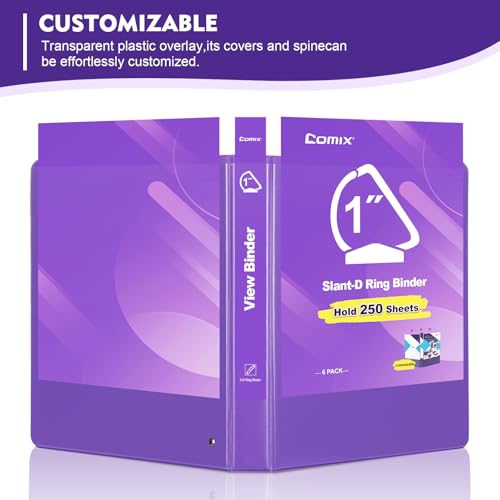 COMIX Sturdy 1 Inch Binders 3 Ring with Clear View Cover, 1" Slant-D Ring View Binder Holds 225 Sheets of US Letter Size Paper, 6 Pack (Purple) - color: Purple, size: 1 inch