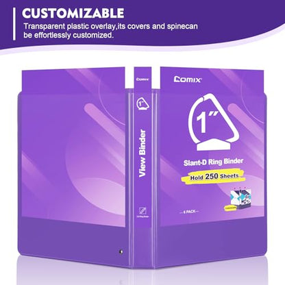 COMIX Sturdy 1 Inch Binders 3 Ring with Clear View Cover, 1" Slant-D Ring View Binder Holds 225 Sheets of US Letter Size Paper, 6 Pack (Purple) - color: Purple, size: 1 inch