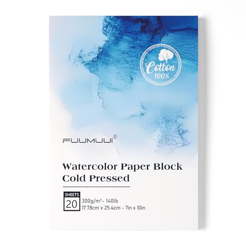 Watercolor Paper Block 7x10 Inch, Fuumuui 100% Cotton Paper Pad, 20 Sheets, Cold Pressed, Acid-Free, 140 lb/300gsm for Painting, Drawing, Art Journaling, Professional Artist Quality - color: Cold Press, size: 10×7"