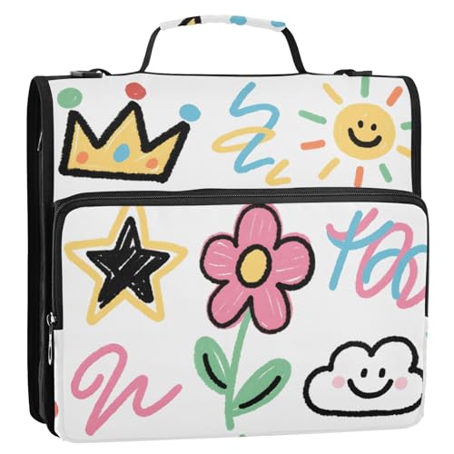 Colorful Graffiti Pattern Zipper Binder Expanding File Folder with Shoulder Strap 3-Ring Binder Bag Multiple Pockets Waterproof Organizer Portfolio for College Work A4 Size Holds 500 Sheets