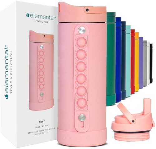 Elemental Iconic Kids Water Bottle for School - 100% Leak-Proof Insulated Water Bottles with Straw Lid & Pop-It Handle for Boys & Girls - Triple-Wall Insulated & BPA-Free, 14oz – Rose - color: Rose, size: 14 Ounces