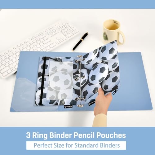 Soccer Pencil Pouch For 3 Ring Binder Clear Window Pencil Case For 3 Ring Reinforced Grommets With Zipper, 2 Pack - color: Soccer