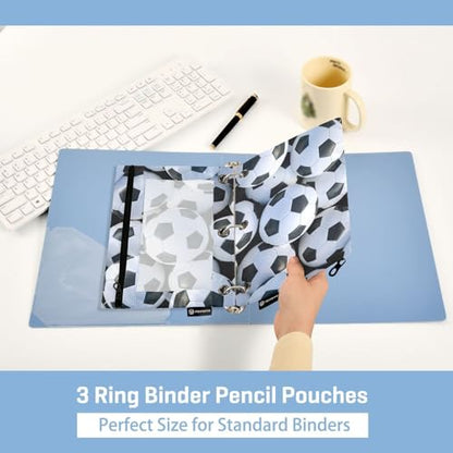 Soccer Pencil Pouch For 3 Ring Binder Clear Window Pencil Case For 3 Ring Reinforced Grommets With Zipper, 2 Pack - color: Soccer