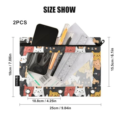 Binder Pencil Pouches, Fat Cute Cats Pattern Pencil Case with Clear Window 3 Rings Pen Case Holder Office Supplies - color: Multi-Cartoon Cute Cats