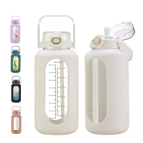 chunmo 74 oz Glass Water Bolttles with Straw Large Motivational Water Bottle with Time Marker Sports Water Bottles with Silicone Sleeve and Handle Lid 2.2L Water Jug for Gym Workout - color: White