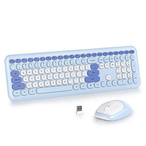 Wireless Typewriter Keyboard and Mouse Combo Retro 104 Key Full Size Office Set Blue with Silent Round Keycaps, Ideal for Laptop and Desktop PCs, Cute Design Keyboard (Blue White) - color: Blue white