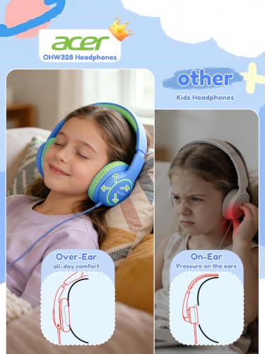 Acer Kids Headphones Wired for School - Over Ear Design, 85/94dB Safe Volume Limit, 3.5mm Jack Foldable Headphones for Toddler Boys Girls Classroom Yoto Player Chromebook Travel (Blue Green) - color: Blue Green
