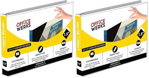 8.5" X 11" Landscape View Binder, 3-Ring 1.5 Inch Capacity Round Ring, White Horizontal Formatted with Clear Cover Pockets for Documents, Spreadsheets, Projects and More (Pack of 2) - size: 1.5 Inch (Pack of 2)