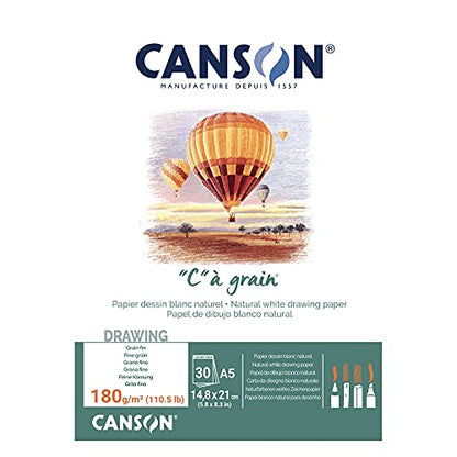 Canson "C à Grain A5 180g White Drawing & Sketching Paper Pad, 30 Sheets, Fine Grain Texture, Glued on Short Side, Ideal for Professional Artists - size: A5, style: 180gsm