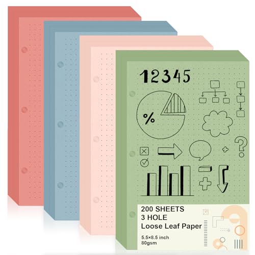 200 Sheets 5.5 X 8.5 Inch Half Letter 3 Hole Notebook Dot Grid Paper Loose Leaf Paper for Mini Binder Colored Dotted Graph Paper Bulk Dotted Paper Refills for Planner Inserts for School Office - style: Dotted
