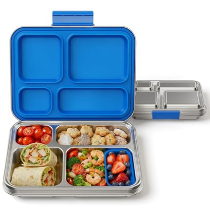 Stainless Steel Bento Box, 4-Compartment Metal Lunch Box with Removable Silicone, Lunch Container for Kids & Adults with Silicone Inner Container, School, Office, Dishwasher Safe(Blue) - color: Blue