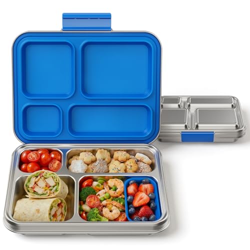 Stainless Steel Bento Box, 4-Compartment Metal Lunch Box with Removable Silicone, Lunch Container for Kids & Adults with Silicone Inner Container, School, Office, Dishwasher Safe(Blue) - color: Blue