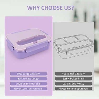 Caperci Bento Box Adult - 50 oz Large Lunch Containers for Adults and Teens, 4-Compartment Bento Lunch Box with Utensils & Leak Proof Sauce Cup, Dishwasher Safe, Durable, BPA-Free (Lavender) - color: Lavender