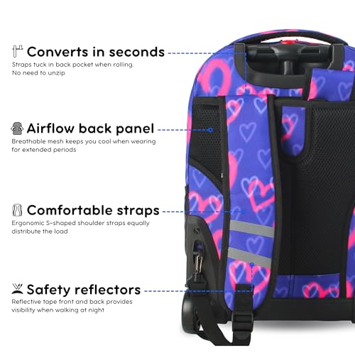 J World Sunrise Kids Rolling Backpack with Wheels for Girls Boys, Roller Bookbag for School, 18 x 13 x 9 Inches, Heart Spray - color: Heart Spray
