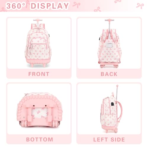 DIGOBAY Rolling Backpack for Girls, Cute Girls Backpack with Wheels, Kids Wheeled backpacks Set with Lunch Bag Pencil Case for Teen Girl, Roller School Bag with Wheels for Elementary Middle School - color: Beige and Pink Bow