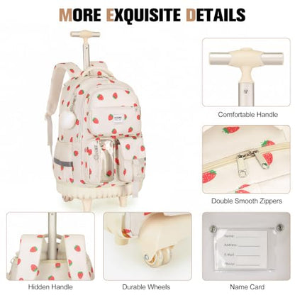 ACESAK Rolling Backpack for Girls, Roller Backpack with Lunch Bag & Pencil Pouch for Teen Girls Kids, Bookbag Backpack with Wheels for Women Elementary Middle High School Travel (Beige Strawberry) - color: Beige Strawberry