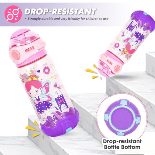 Kids Water Bottle with Straw/Lanyard for School Kids Girls Boys, 22oz BPA Free Child Drinking Water Bottle One-Click-Open Leak-Proof Locking Flip Lid for School Sport Travel - color: H10. Flower Fairy