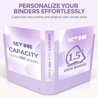 SKYDUE 3 Ring Binders, 1.5 Inch D-Ring, Purple | Holds 450 Sheets of 8.5x11 Paper, Custom View Cover with 2 Interior Storage Pockets, School & Office Supplies - color: Purple