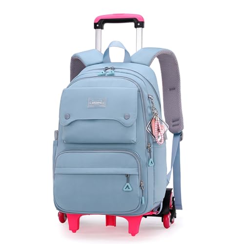 Solid Color Girls Rolling Backpack with Wheels Schoolbag Elementary School Student Trolley Daypack - color: A-blue - Six Wheels, size: 6 Wheels
