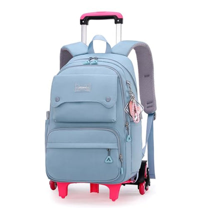 Solid Color Girls Rolling Backpack with Wheels Schoolbag Elementary School Student Trolley Daypack - color: A-blue - Six Wheels, size: 6 Wheels