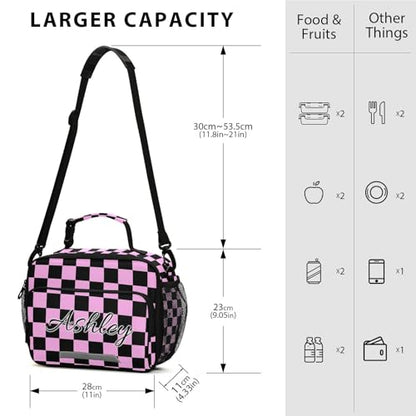Custom Student Lunch Bag for Boys Girls Pink Black Checkered Personalized Lunch Box With Name Insulated Cooler Bag for School Picnic Travel - color: Multi09